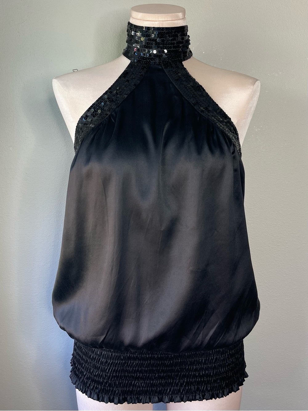 Bebe Halter Top Black Silk Sequin Bubble Y2K Vintage Smocked Hem Size M